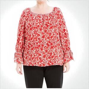 Max Studio London Red Floral Popover Blouse Plus 2X Scoop Neck Long Sleeve NWT